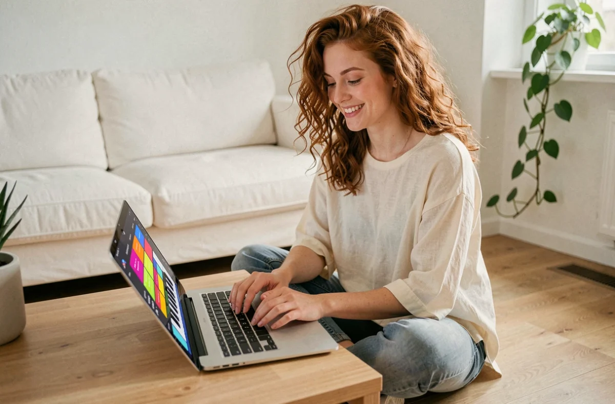 Jeune femme utilisant un piano virtuel gratuit en ligne sur ordinateur portable, assise sur le sol de son appartement