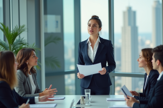 Jeune femme en costume navy parlant en réunion moderne