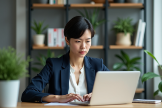Jeune femme en blazer met à jour son CV dans un coworking