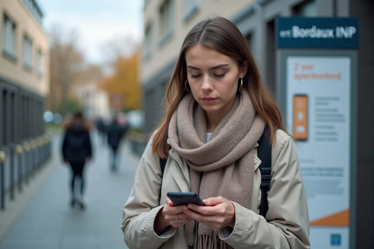 Jeune femme utilisant son smartphone devant un campus universitaire