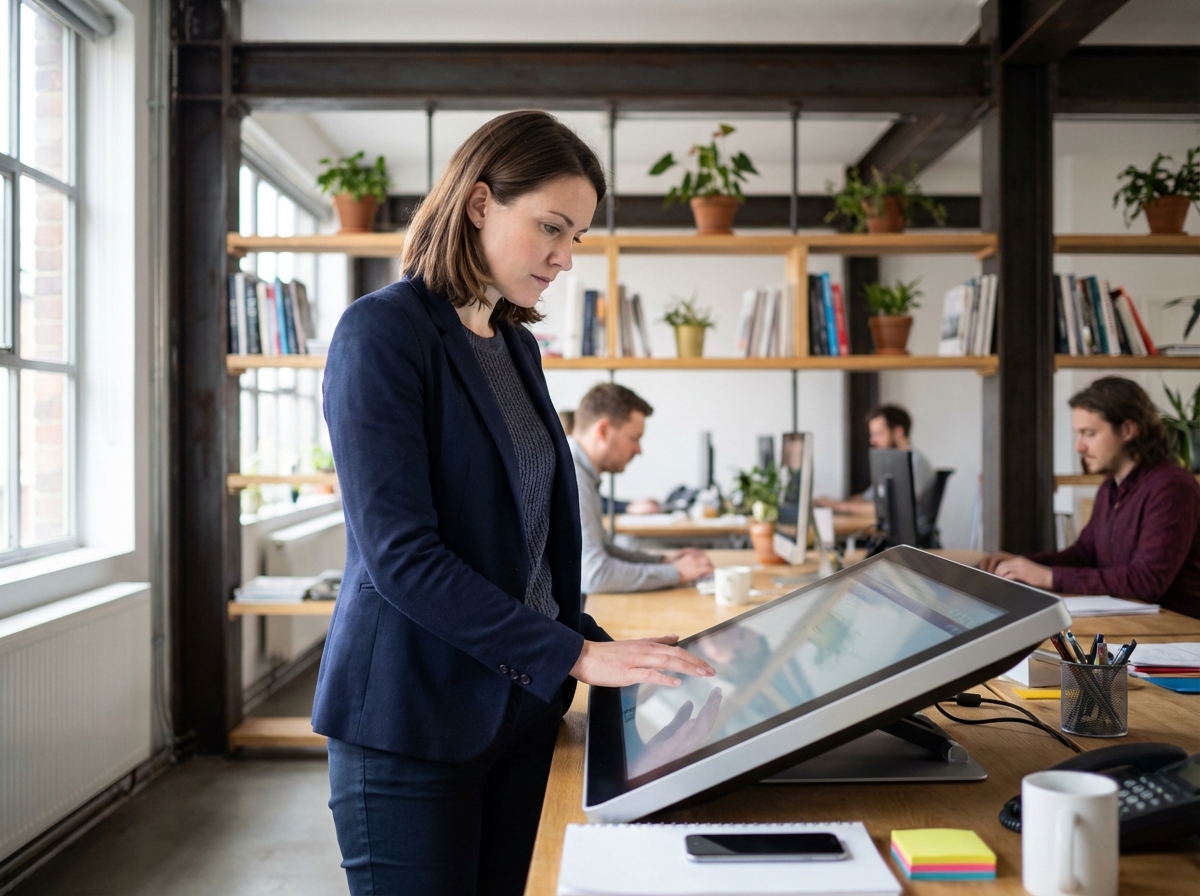 Jeune femme professionnelle utilisant un écran tactile au bureau