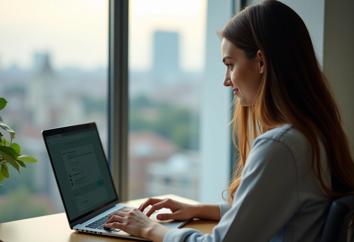 Jeune femme travaillant à distance sur un ordinateur portable lumineux