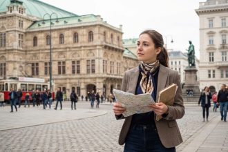 Jeune femme à Vienne regardant une carte dans une place historique