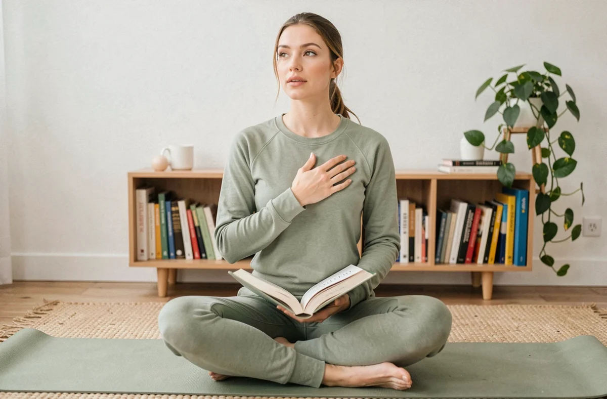 Jeune femme en tenue de yoga lisant un livre de développement personnel dans un salon chaleureux et minimaliste