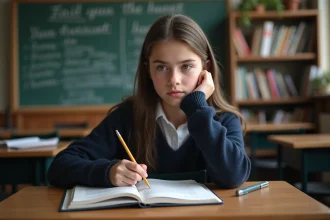Jeune fille concentrée en classe avec livre de français