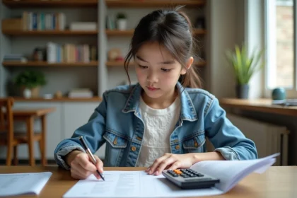 Jeune fille concentr&eacute;e en &eacute;tude &agrave; la maison
