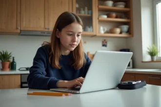 Jeune fille au lycée utilisant un ordinateur portable dans la cuisine
