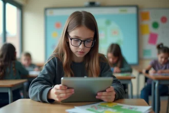Jeune fille avec tablette dans une classe moderne