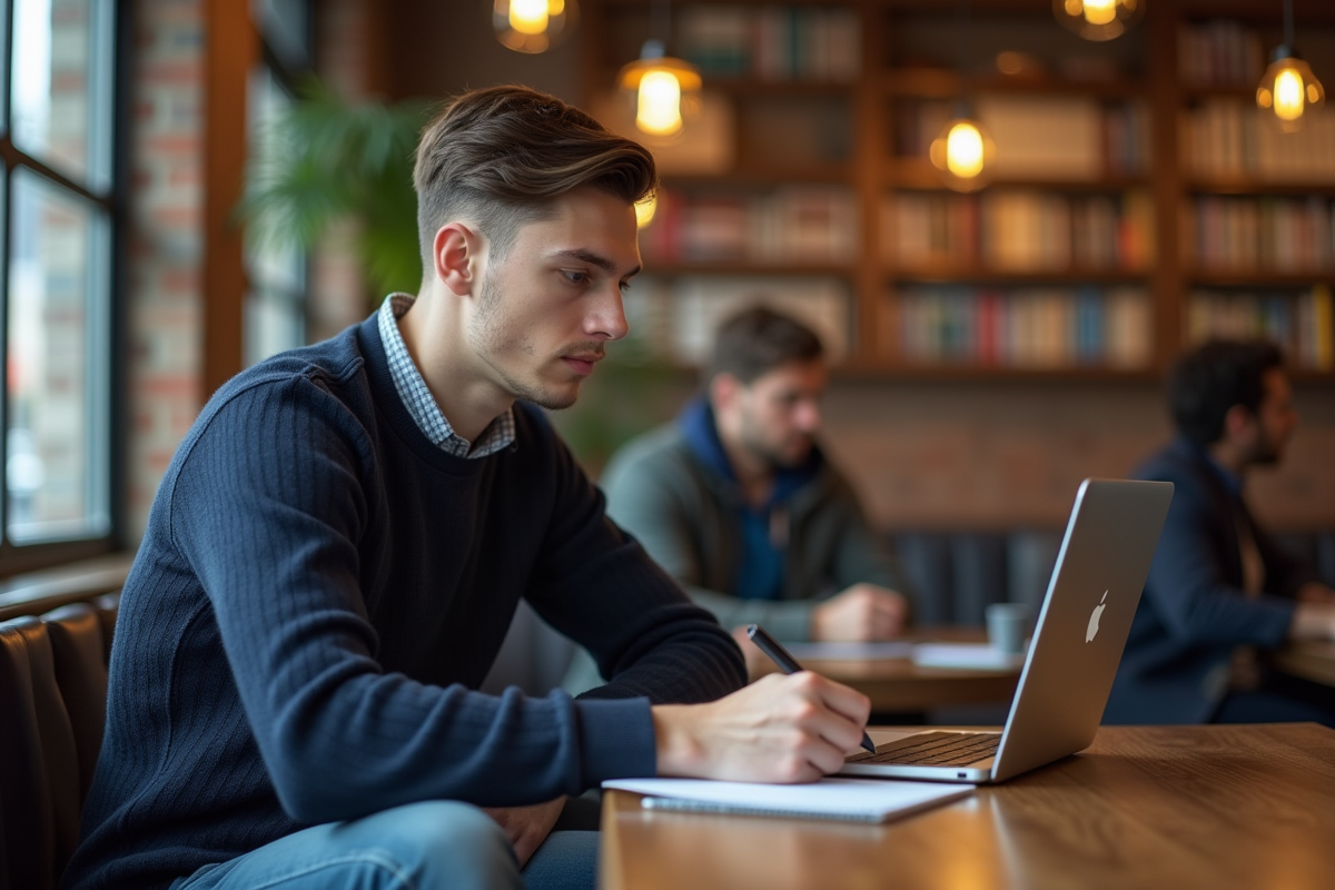 Jeune homme travaillant seul dans un café urbain