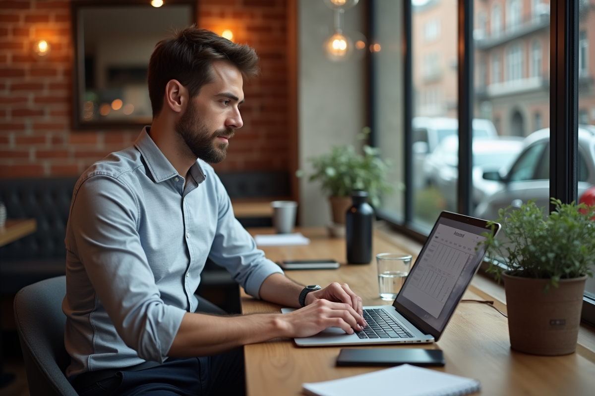 Jeune homme travaillant sur son ordinateur au café