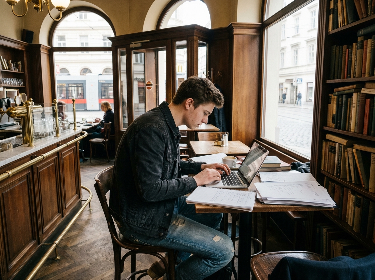 Jeune homme au café viennois avec ordinateur et papiers