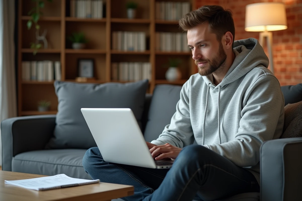 Jeune homme comparant des formations de détective privé à distance sur son ordinateur portable dans un salon