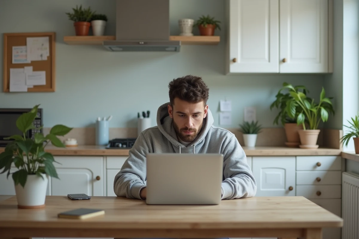 Jeune homme en cuisine avec ordinateur portable