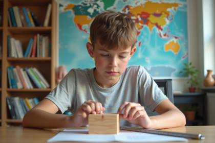 Jeune garçon mesurant un cube en bois avec précision