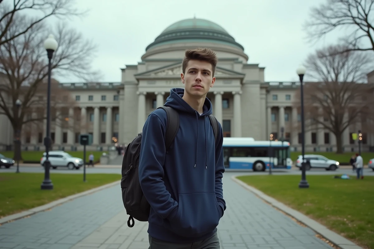 Jeune homme descendant un bus devant le MIT