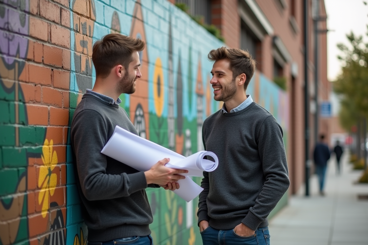 Jeune homme discutant devant une fresque murale urbaine
