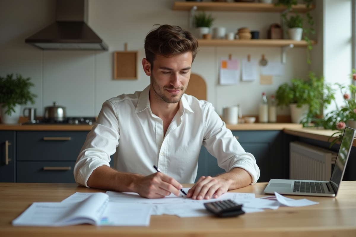Jeune homme organisant ses reçus de bureau à la maison