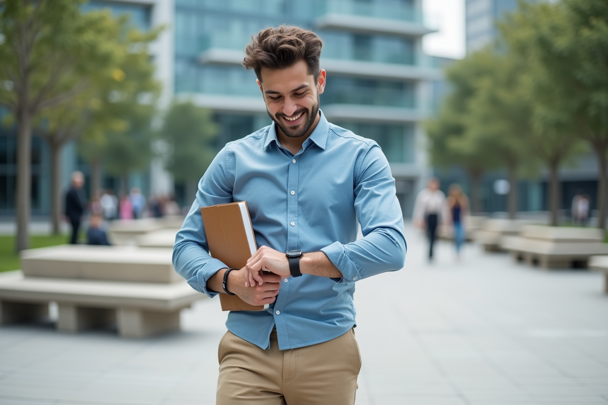 Jeune homme vérifiant sa montre en extérieur en ville