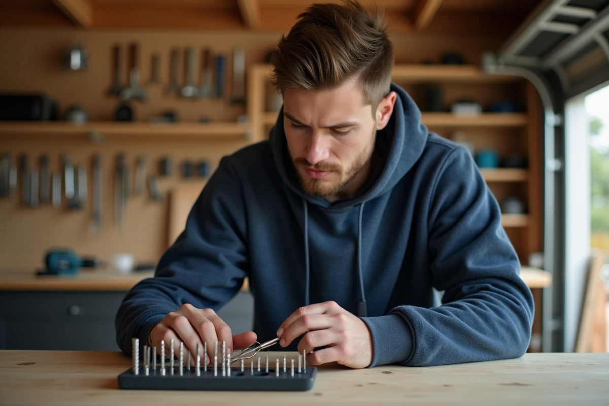 Jeune homme débutant en bricolage choisissant le bon foret de perceuse dans un atelier de garage pour éviter les erreurs classiques de sélection d'outils