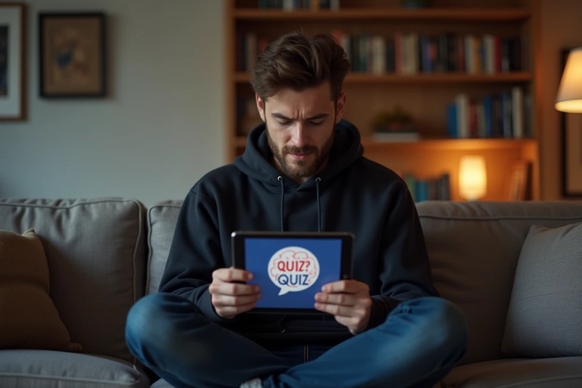 Jeune homme sceptique consultant un test de QI gratuit sur une tablette depuis son canapé