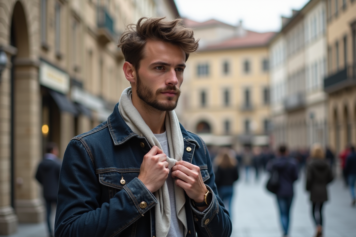 Jeune homme attachant son foulard dans une place urbaine