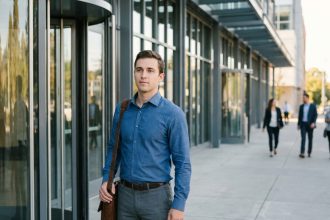 Jeune ingénieur en alternance devant une entreprise moderne, début de carrière en ingénierie