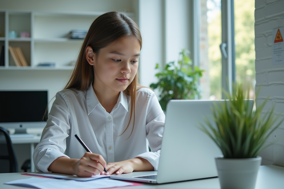 Jeune stagiaire travaillant sur un bureau lumineux