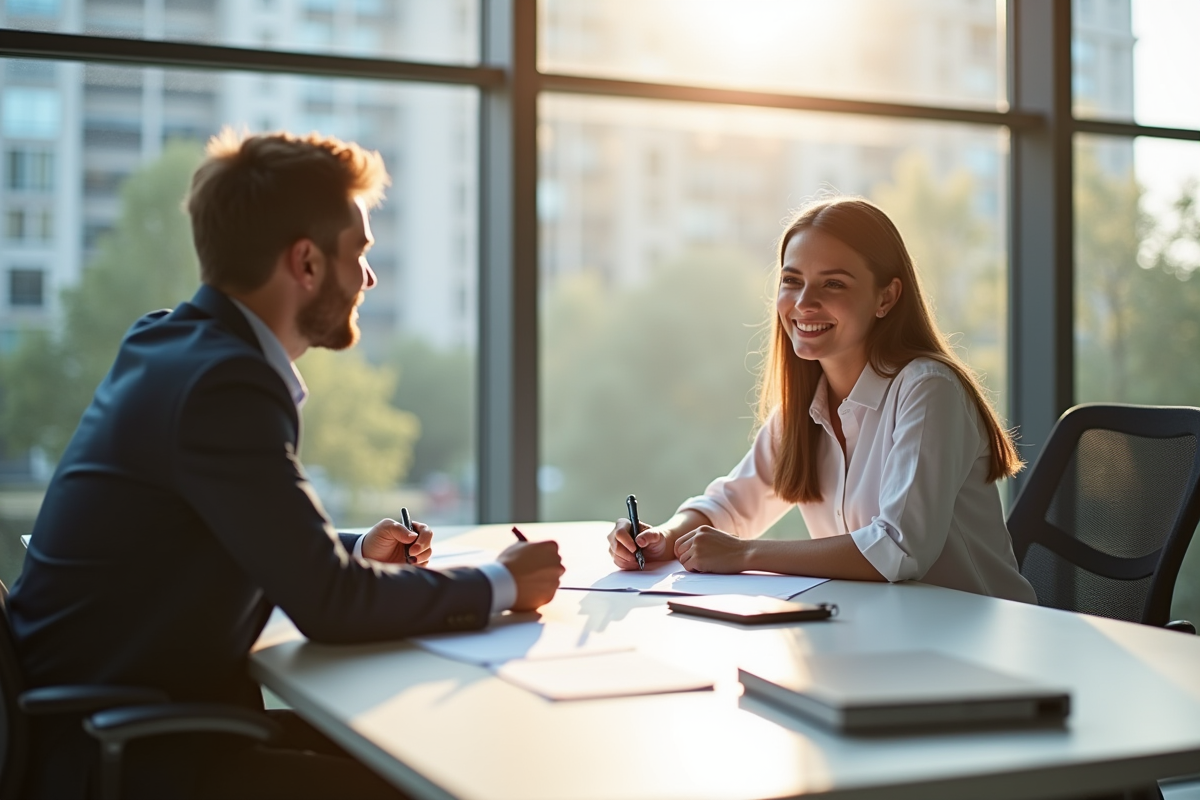 Jeune stagiaire souriant discutant au bureau avec un professionnel des ressources humaines