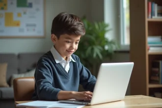 Jeune lyceen en uniforme étudiant à la maison