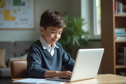 Jeune lyceen en uniforme &eacute;tudiant &agrave; la maison