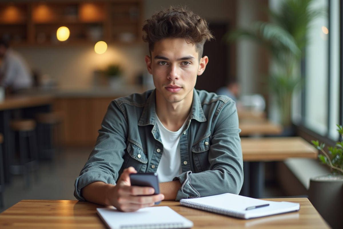 Jeune professionnel multitâche dans un café lumineux