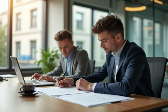 Jeune professionnel signant un contrat de stage dans un bureau lumineux