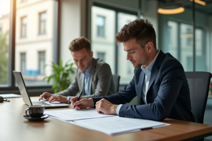 Jeune professionnel signant un contrat de stage dans un bureau lumineux