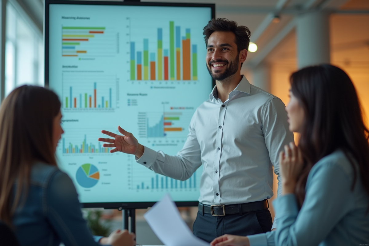 Jeune professionnel présentant des idées devant un mur de diagrammes