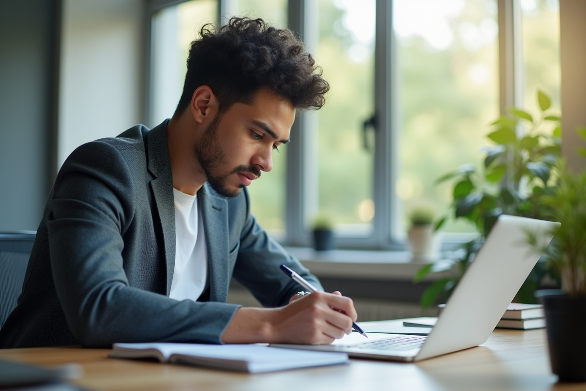 Jeune professionnel prenant des notes lors d'une préparation à l'entretien