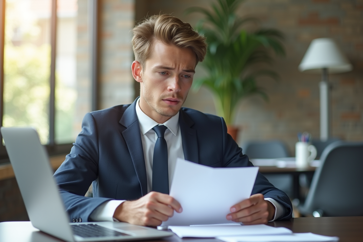 Jeune professionnel lisant une lettre de rejet au bureau