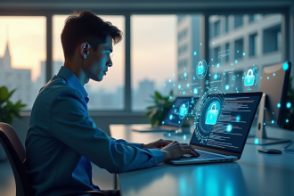 Jeune professionnel travaillant sur un ordinateur avec code de cybersécurité