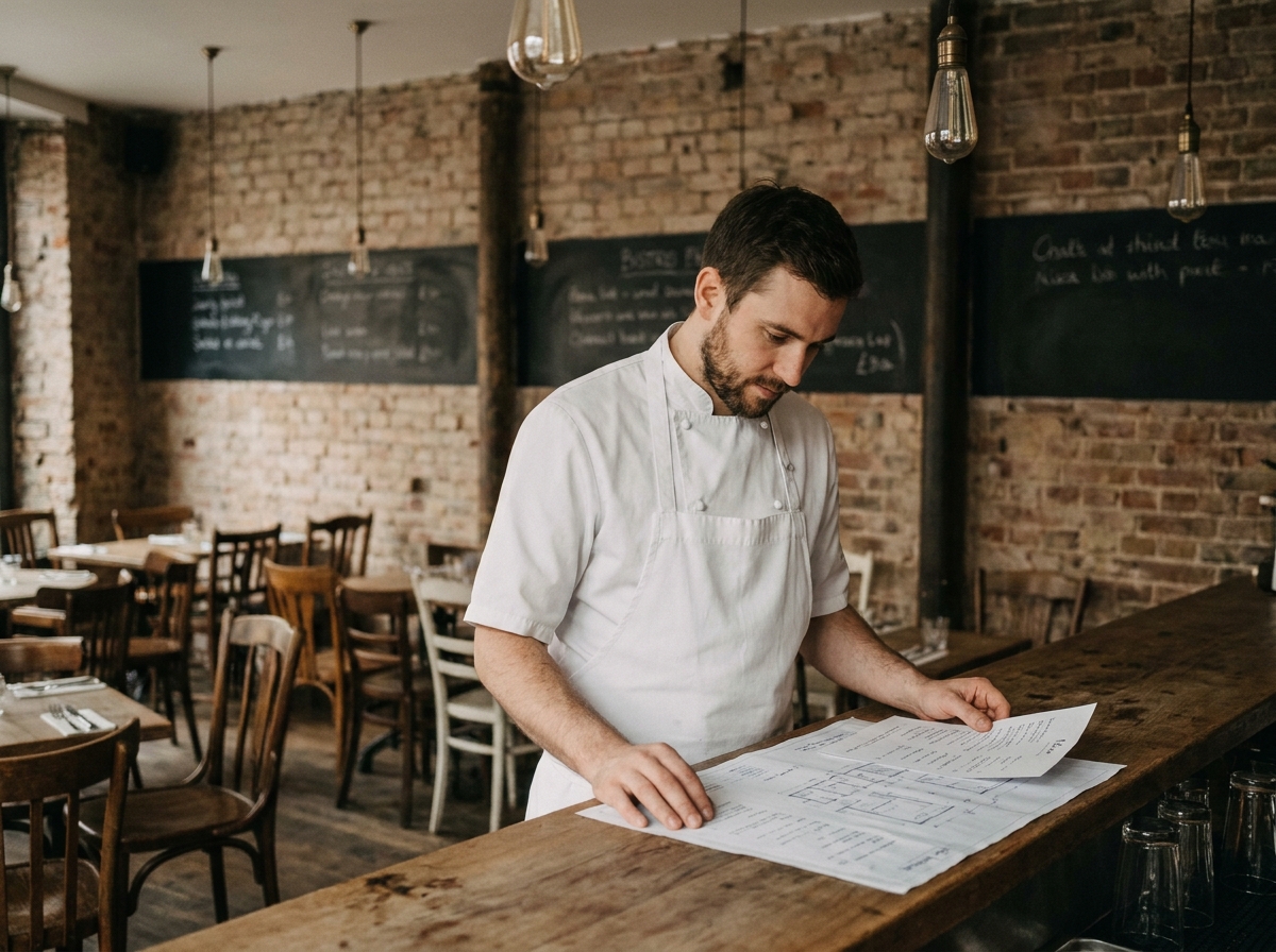 Jeune restaurateur en tenue de chef consultant les plans de son futur établissement avant l'ouverture