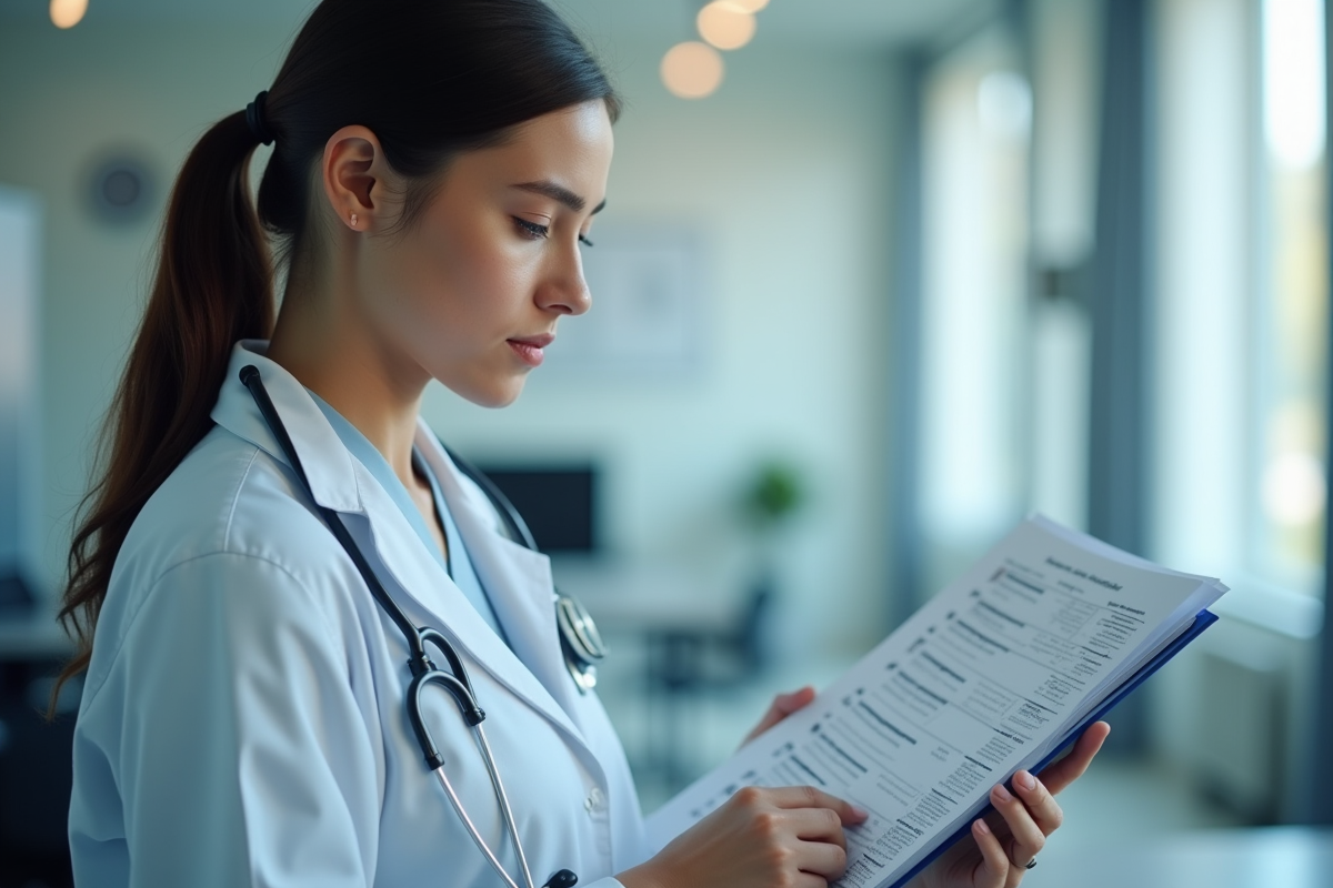 Jeune professionnel de santé examinant un dossier dans un cabinet lumineux