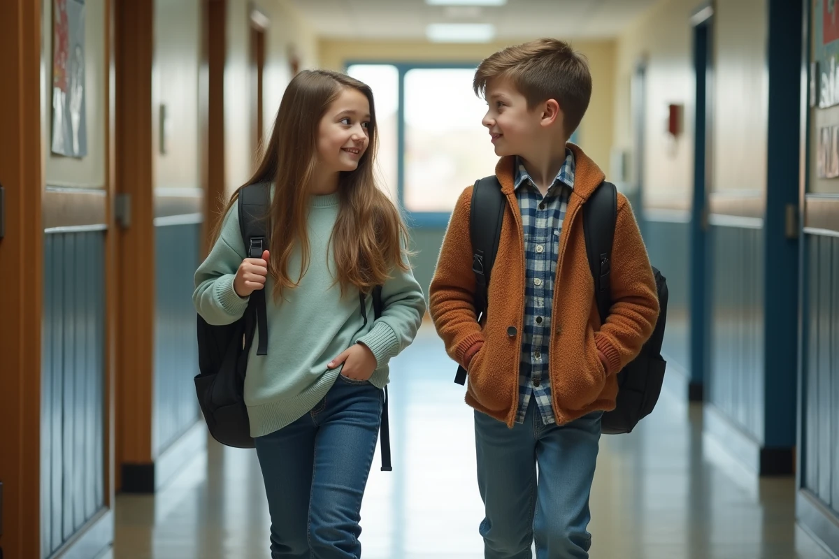 Deux enfants discutant dans un couloir scolaire