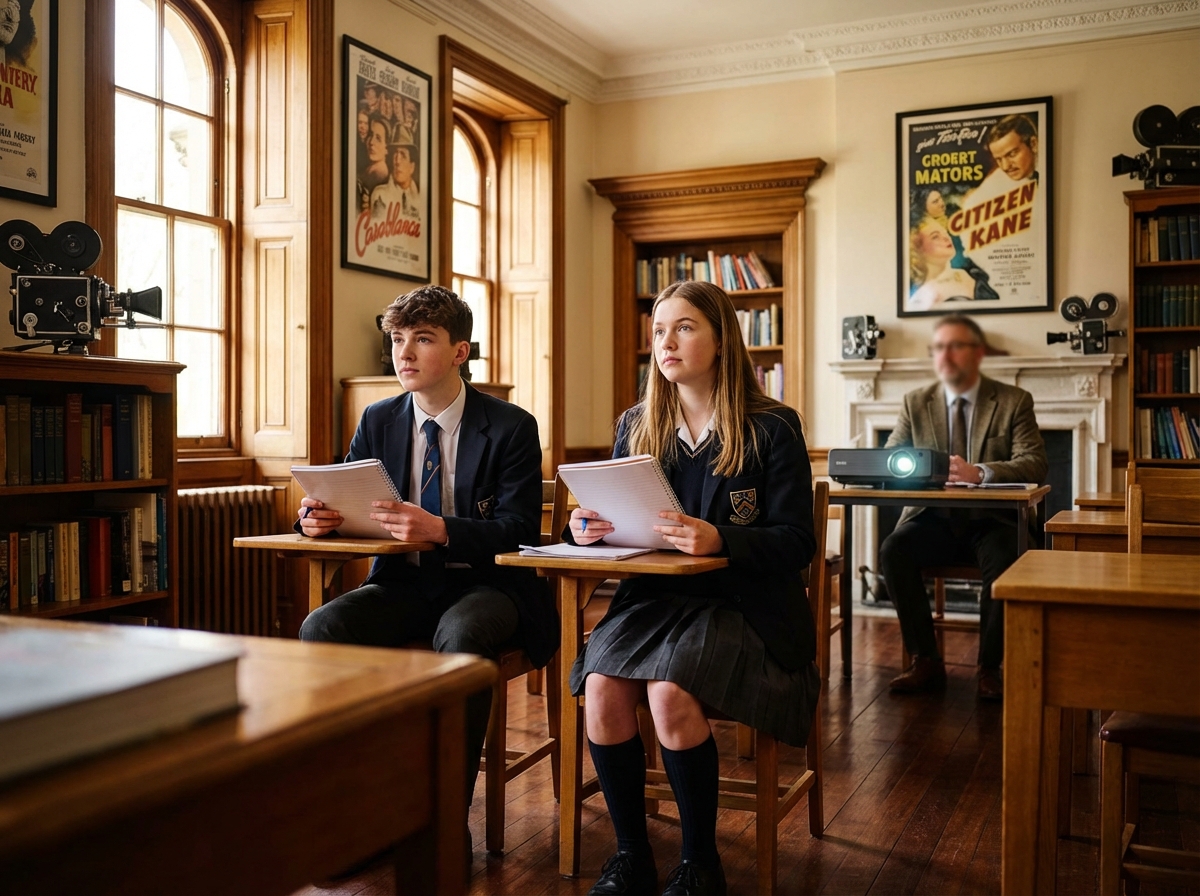 Jeune garçon et fille en uniforme dans une salle de classe vintage