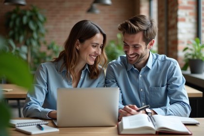 Deux jeunes professionnels français collaborant au bureau