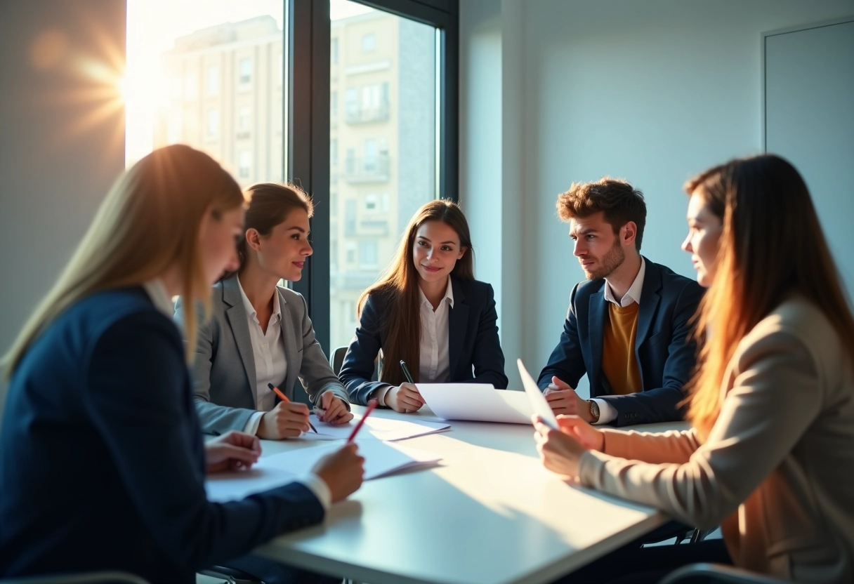 Groupe de jeunes diplômés discutant en réunion
