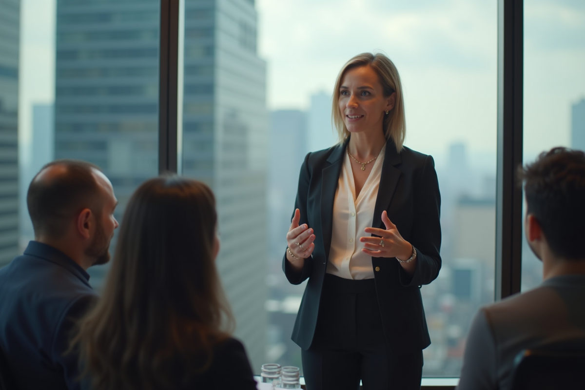 Femme leader confiante s adressant à son équipe devant une grande fenêtre