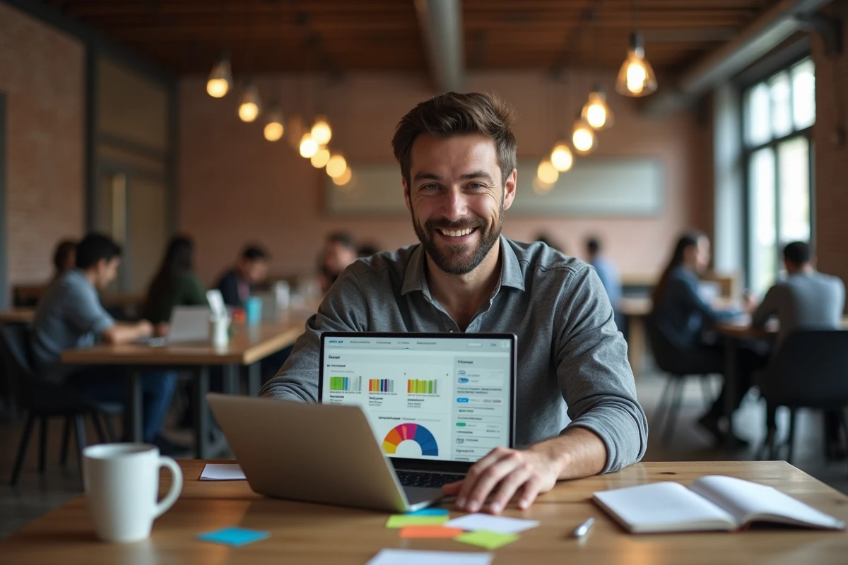 Homme en espace de coworking utilisant un logiciel de segmentation de liste newsletter sur ordinateur portable