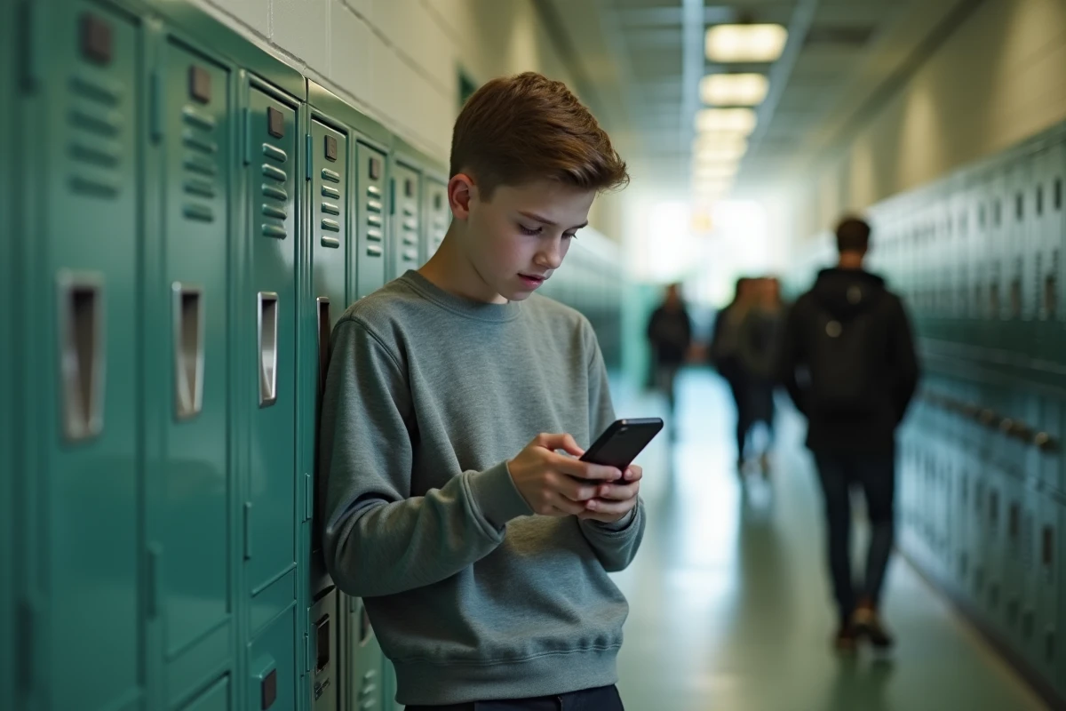 Lycéen activant les notifications de l'ENT sur son téléphone portable devant les casiers de son lycée