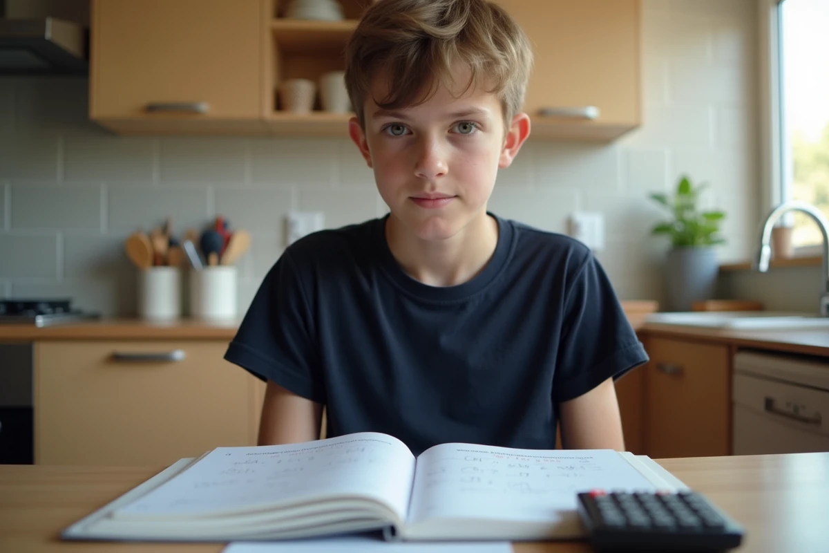 Adolescent étudiant l'inversion de matrice 2x2 avec un manuel et une calculatrice à la maison