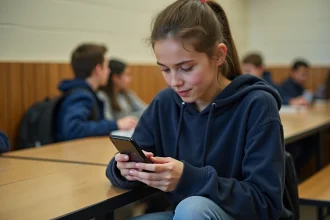 Lycéenne consultant les paramètres de notifications de l'application ENT sur son smartphone dans une cafétéria scolaire