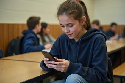 Lycéenne consultant les paramètres de notifications de l'application ENT sur son smartphone dans une cafétéria scolaire