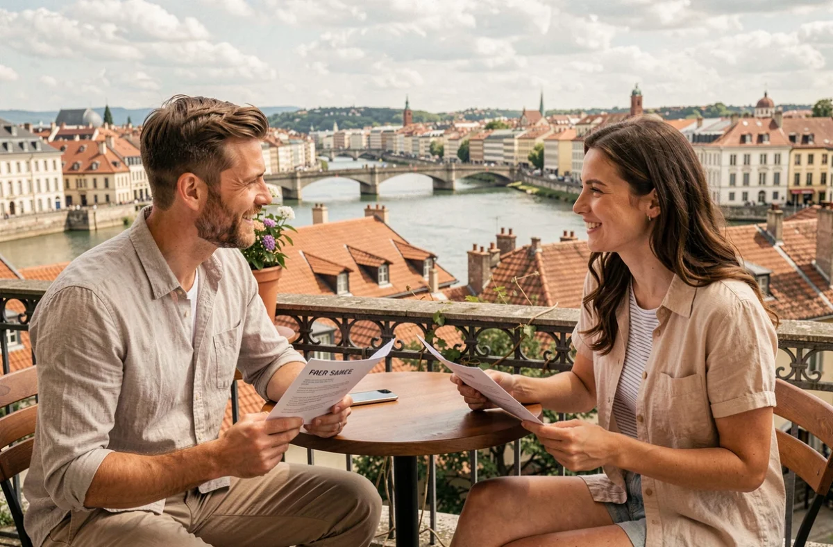 Séance de conversation française en plein air avec vue sur Lyon pour des étudiants de Lyon Bleu International